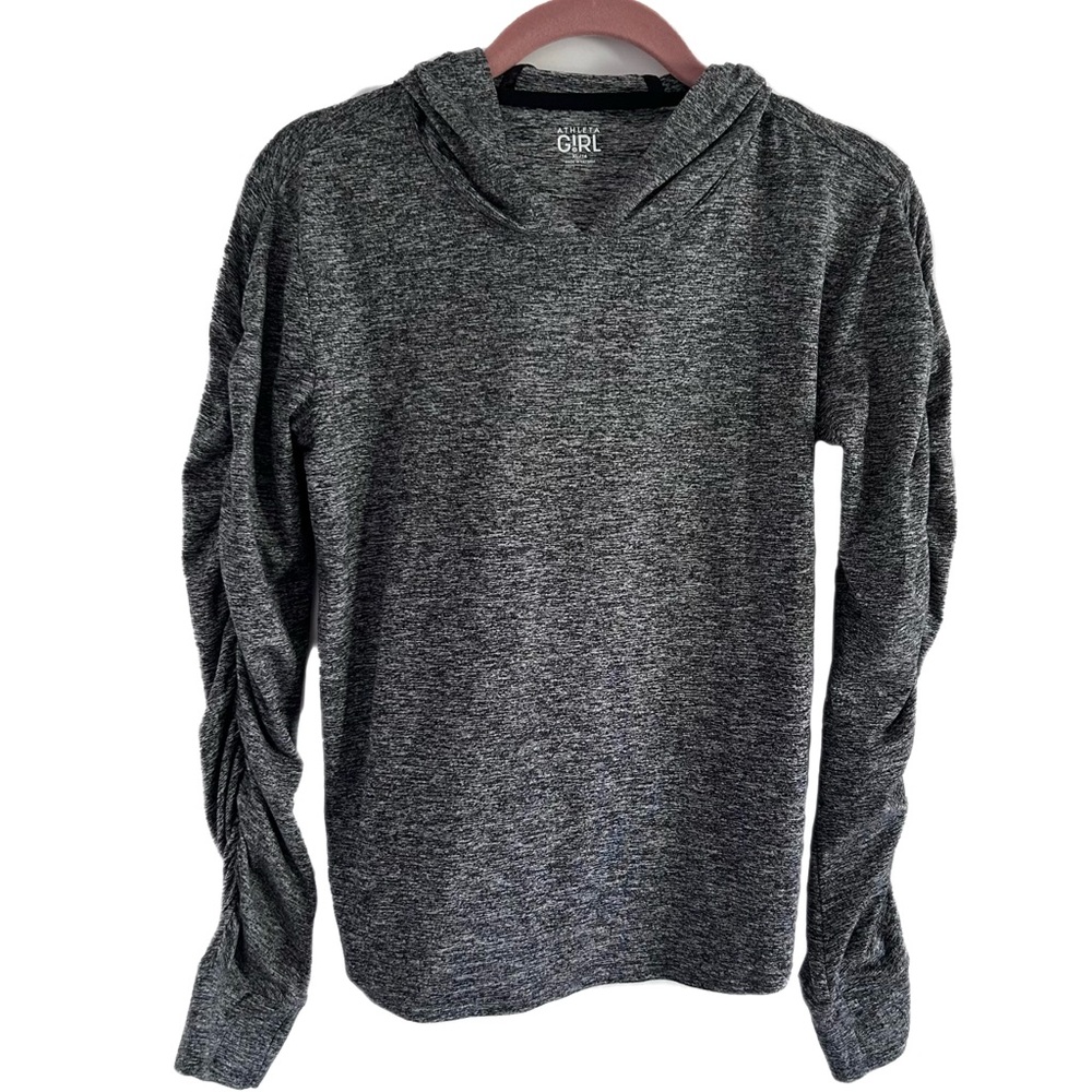 Athleta Girl Hoodie Ruched Sleeves Heather Gray XL 14 Excellent Condition
